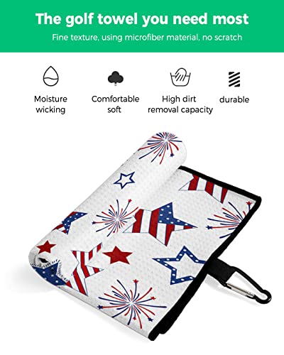 Golf Towel Independence Day Blue Red White Star And Stripe,Waffle Pattern Microfiber Club Cleaner Golf Towels With Carabiner Clip For Women Men Dad,Usa Flag Pentagram Golf Towel For Golf Bags 24X16In #TOP1