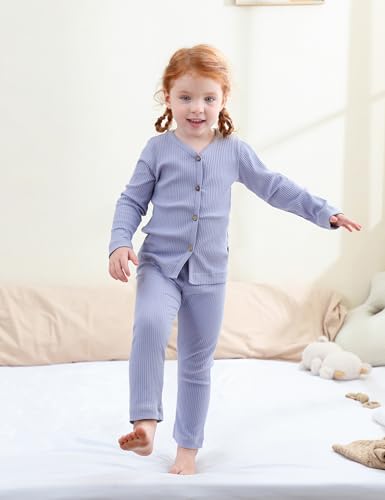 DIPUG 3T Toddler Pajamas Full-Button Kids Cotton Pjs Toddler Long Sleeve Sleepwear Set for Girls & Boys Purple