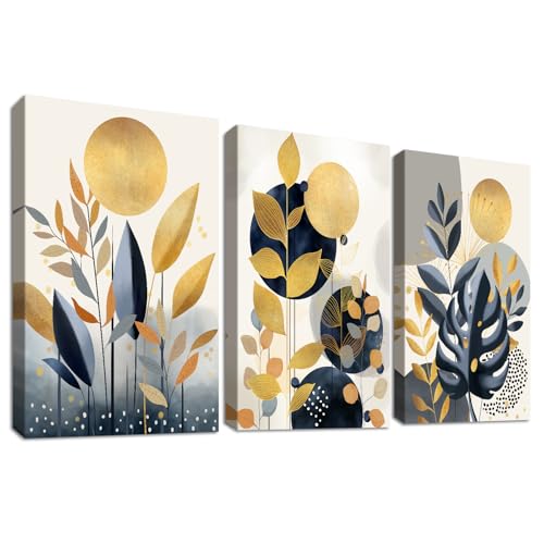 3 Pcs Marco de Madera Cuadro Moderno Plantas Botánicas Boho Lienzo Decorativos Pintura Imagen Póster Oro Azul Marino Hojas Tropicales Cuadros Decoracion Salon Dormitorio Comedor Pasillo 50cmx70cmx3