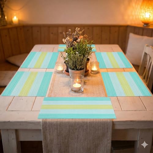 Image of YELONA Placemats Set of 6, Heat-Resistant Woven Vinyl Table Mats, Non-Slip & Washable Dining Tablemats for Kitchen & Dinner Decor, Light Blue (45cm x 30cm)