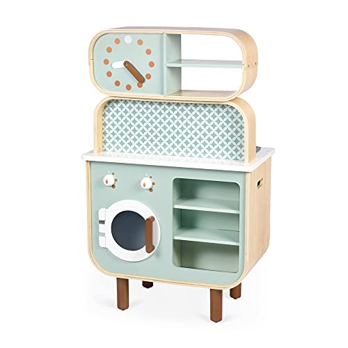 Janod - Holz Kinderspielküche ‘Reverso’ - Doppelseitige Spielküche - Holzküche für Kinder - Kinderküche mit Licht und Sound - Mit 7 Zubehörteilen - Ab 3 Jahren, J06594, Blau – Bild 3