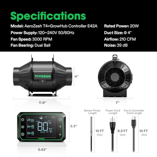 VIVOSUN Ventilador de duto em linha AeroZesh T4, silencioso 10.2 cm 210 CFM Ventilador de exaustão c