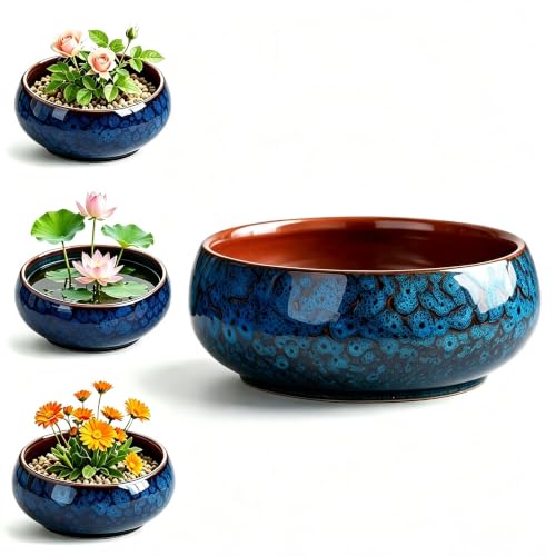 Smowfes 6-Inch Glazed Ceramic Shallow Lotus Water Plant Bowl Planter