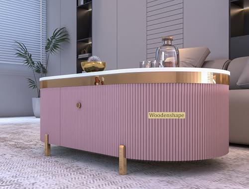 Image of Premium Marble-Top Center Table with One Storage Door and PVD Coated lron Legs and Coffee Table with Oval Design for Living Room and Entryway [ Modern coffee table ] ,42x24x18 Inch, (Pink)