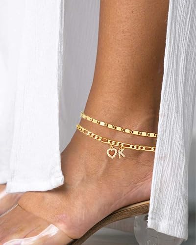 Ankle Bracelets for Women,14K Gold Plated Initial Anklets Dainty Heart Letter Ankle Bracelets Layered Gold Anklets for Women Non Tarnish A to Z Summer Beach Jewelry3