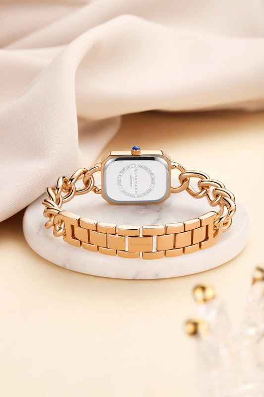 Image of Giordano Elegant Watch for Women with Gloss Sunray Dial, Quartz Movement, Rectangular Case, Stainless Steel Chain Strap and Blue Crown Accent
