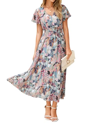 Simplee Womens Floral Maxi Dress - Short Sleeve Summer Boho