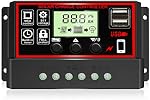 30A PWM Contrôleur de charge solaire 12V Parimètre automatique réglable LCD Affichage 12V/24V Adapte automatiquement, FULL Protection Régulateur solaire pour Camper/RV, Réglage du temps 2x USB, Pour les batteries au plomb-acide: OPEN/AGMGEL