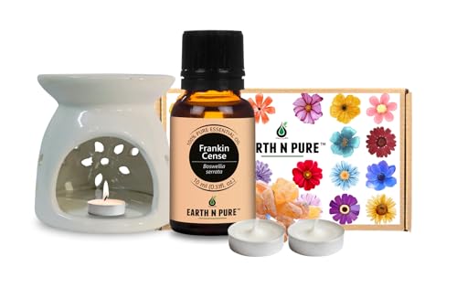 Image of Earth N Pure Ceramic Aroma White Diffuser Burner with 10Ml Frankincense Oil & 2 Pcs Candles Strong & Long-Lasting Fragrance | Perfect for Gift Set