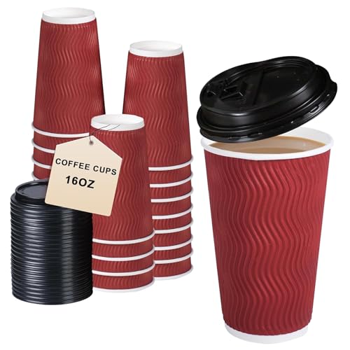 紙コップ 使い捨て 蓋付き 100個入セット コーヒー カップ 耐熱 業務用 テイクアウト カフェ ホットドリンク 紙コップ 三重断熱紙コップ 厚紙 カップ ドリンクカップ お茶カップ 使い捨て紙コップ 業務用品 ペーパーカップ 500ml 蓋付き-赤