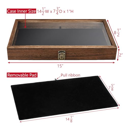 MOOCA Wooden Jewelry Display Case with Tempered Glass Lid and Removable Black Luxurious MDF Velvet Jewelry Display Pad, Pocket Knife Display Case, Eyewear Display Case, Brown Color