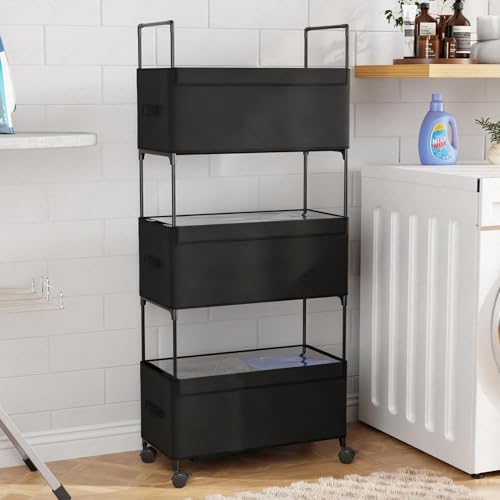 Image of Lukzer 3-Tier Clothes Organizer Basket with Wheels | Black Fabric Closet Storage Rack for Folded Clothes | Metal Rolling Wardrobe Shelf for Bedroom Closet & Laundry Room | 28x57x136 cm