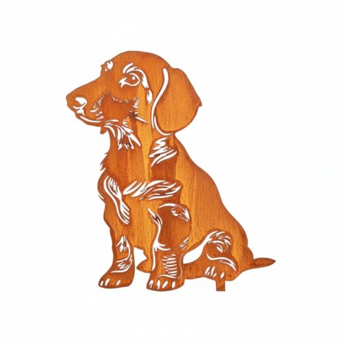Kapaga - Edelrost Gartenstecker Dachshund - Rost Deko Hund Rostfigur Gartendeko für Draußen - stabile Metall Gartenfigur aus Stahl - Wetterfest für Beet Terrasse - 37x32cm