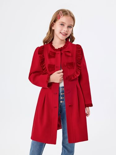 Haloumoning Girls Dress Coat Kids Ruffle Button Down Cute Bow Long Winter Jackets with Pockets 3-12 Years2