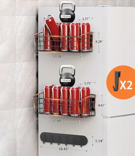 Image of 2Pack Magnetic Shelf for Refrigerator with 2 Moveable Hooks and 1 Hook Rack | Strong Magnetic Spice Rack for Kitchen Storage, Fruit Potato Onion Storage Shelves, Large Magnetic Basket Organizer