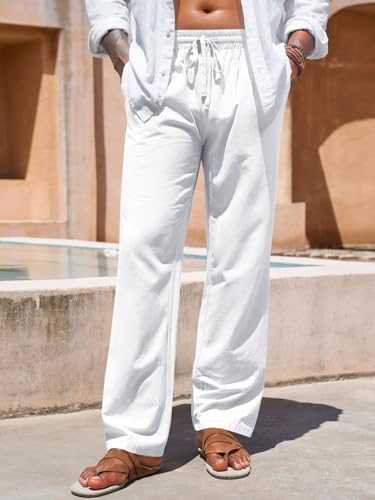 Runcati Mens Casual Pants Drawstring Elastic Waist Cotton Linen Loose Fit Summer Beach Vacation Yoga Trousers2