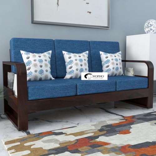 Image of Solid Sheesham Wooden 3 Seater Sofa for Living Room | Sofa with Side Pocket Storage & Cushion | Rosewood Sofa Set for Home (Walnut with Blue Cushion, 3 Seater)