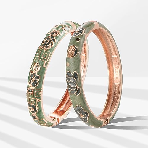 UJOY Vintage Cloisonne Bracelets Flower Enameled Jewelry Gold Plated Cuff Bangle for Women Gift Box 55A35-55A114 green - Image 3