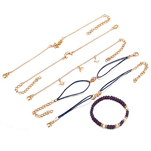 KAZA Set di 6 Braccialetti da Donna in Stile retrò, con ciondoli a Forma di Stella e Luna, con Perle di Cristallo, per Donne e Ragazze