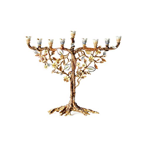 Home Jewel Decor Hand Painted Jewish Menorah Candle Holder with Flower Vine Design Made from Metal Embellished with Crystals for Hanukkah or Home Gift. FIT 9 mm(5/16") Candles, Size-9"X7.5"