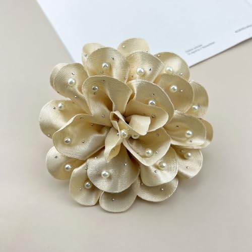 Image of Elegant Large Rose Flower Brooches Lapel Pins Handmade Dainty Satin Fabric Pearl Brooches Big Camellia Flower Brooch Pin for Women Wedding Part Dance Dress Suit Clothes Accessories Prom Jewelry