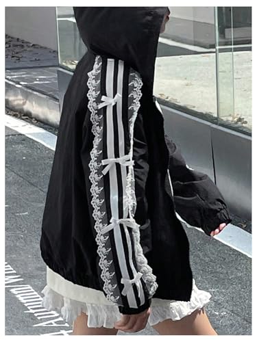 MakeMeChic Girl's Lace Bow Knot Striped Jacket Long Sleeve Hooded Zip Up Y2K Coat Outerwear4