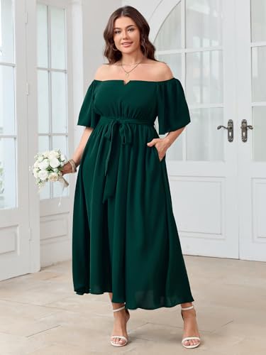 Image of SCOMCHIC Womens Plus Size Formal Dresses Off The Shoulder Wedding Guest Cocktail A-Line Split Maxi Dress with Pockets