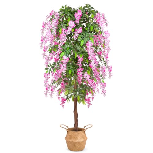 6ft Artificial Tree Plants, Fake Wisteria Tree with Woven Seagrass Basket for Indoor Outdoor Home...