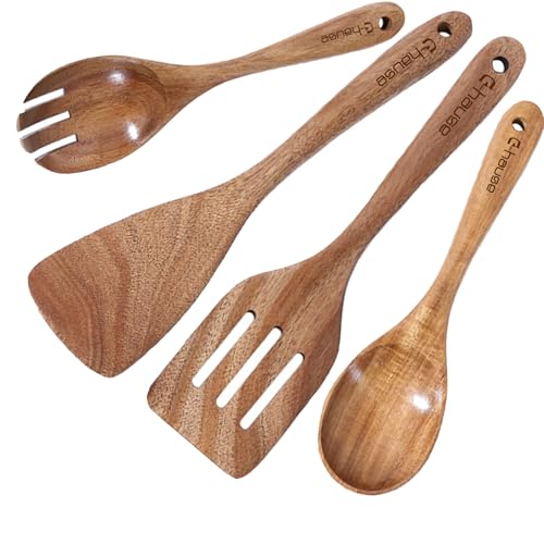 4pcs Wooden Cooking Spoon Set Wood Kitchen Utensils Natural Wood Utensil for Kitchen Wooden Spatula for Nonstick Cookware Lightweight Flipping Wok Spatula Slotted Spurtle