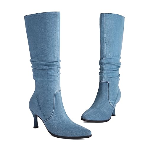 Women's Knee High Boots Kitten Heel Pull on Slouch Tall Boots3