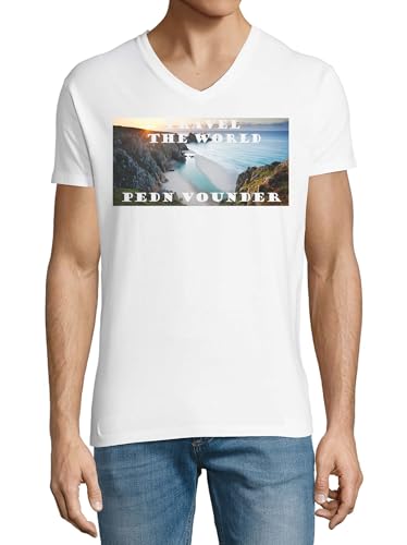 T-shirt Cornwall col en V en coton blanc pour homme, taille L inspiré du voyage