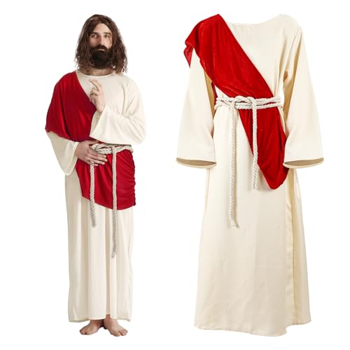 greitenty Costume de Jésus pour homme adulte - Costume de pape Jésus - Robe de berger avec écharpe, châle et corde à la taille - Pour fête d'Halloween
