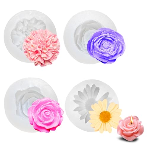 4 Stück Kerzen Formen Silikon, Rosen Nelke Daisy Pfingstrose Kerzenformen Silikonformen Blumen Gießformen 3D Rose Mini Blume Silikonform für Seife Schokolade Aromatherapie DIY Dekoration