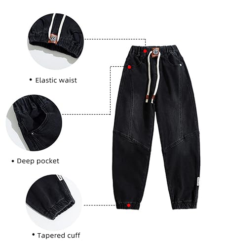 Kids Boy Casual Washed Cotton Elastic Waist Cargo Jogger Denim Jeans Pants with Pockets 6-16Years 6