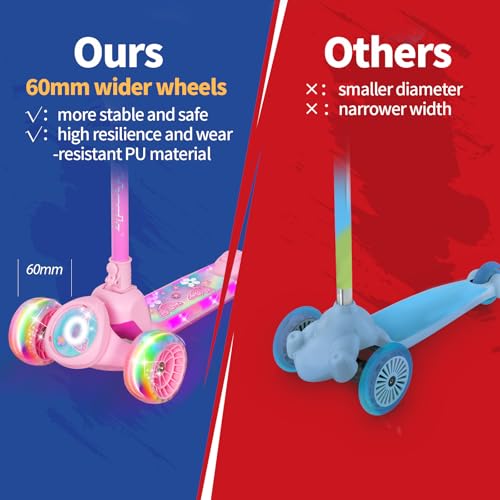 Nattork Kids Scooter for Girls with Light Up Wheels, Deck and Headlight, Wide Anti-Slip Deck and T-bar Handle Rear Foot Brake, Adjustable Height 3 Wheel Scooter for Kids Ages 3+ and up to 220Lbs- Rosy by Nattork - Used condition - Image 8