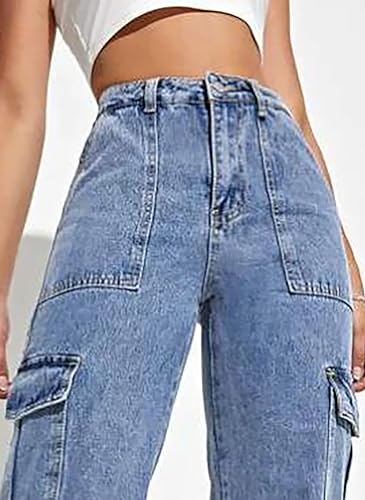 Image of KOTTY Women's Solid High Rise Relaxed Fit Cargo Jeans (Blue,S) KTTLADIESJEANS2461S
