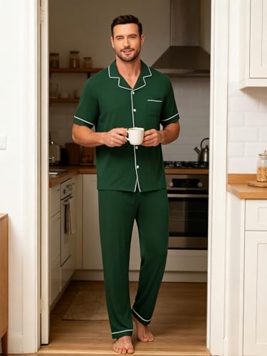Image of Men's Short Sleeve Pajama Set, Soft Cotton Button Down Sleepwear Top & Long Pants, Loungewear PJs with Pockets S-XXXL