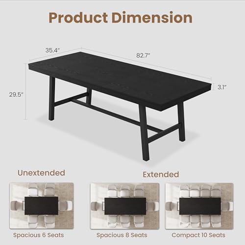 Image of GarveeHome 63-83 inch Extendable Dining Table, Industrial Rectangular Dining Room Table for 6-8 People, Expandable Kitchen Table with Heavy Duty Metal Frame for Dining Room, Kitchen & Parties, Black