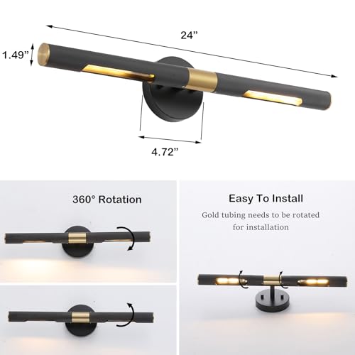 Image of Modern Picture Light 24 inches Brushed Brass Gold Black Wall Sconce with Knurled Texture Cylinder Metal Shades Rotatable 360Indoor Wall Lighting Fixture for Bathroom Vanity Lights Bedroom