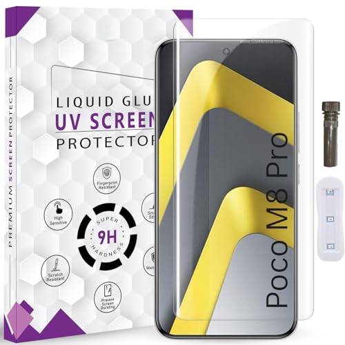Image of Advanced HD+ UV Tempered Glass Screen Protector For Poco M8 Pro 5G (6.83 Inch, Pack of 1) Full Adhesive UV Curved Screen Guard, Case Friendly with installation kit & Guide