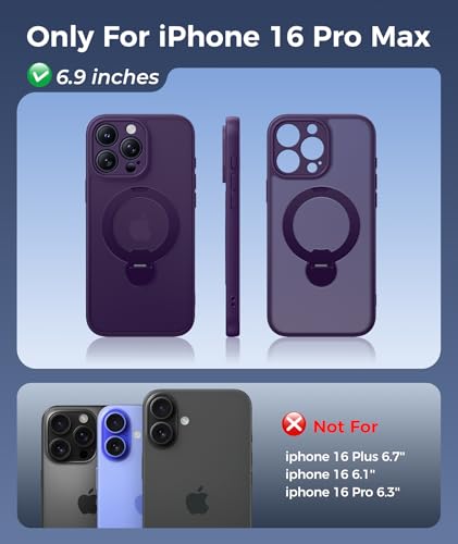 Image of FNTCASE for iPhone 16 Pro-Max Case: [360 Spin Magnetic Stand] [Compatible with Magsafe] [Screen Protector] Translucent Matte Military Grade Shockproof Full Camera Protective Phone Cover - Purple