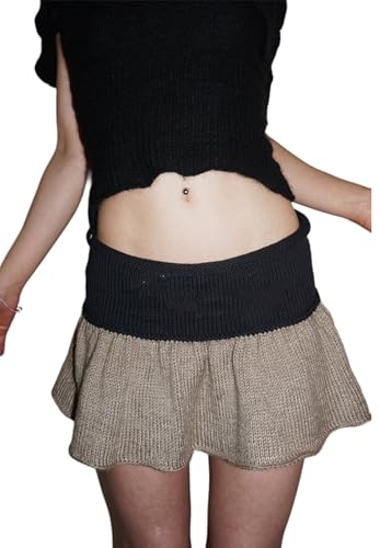 Women Y2k Fairycore Knit Mini Skirt Contrast Low Waist Pleated Skirts Vintage Grunge Bodycon Knitted Skirt Streetwear