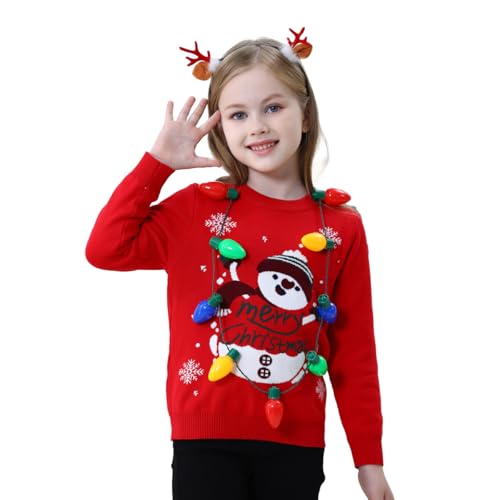 Image of Light Up Ugly Christmas Sweater Kids Girls Boys Snowman Reindeer Xmas Holiday LED Pullover Sweater 2-9 Yeas Old