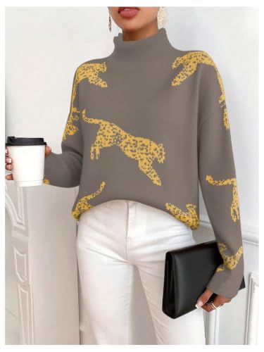 Image of WDIRARA Women's Leopard Tiger Print Sweater High Neck Long Sleeve Fuzzy Knitted Pullover Top