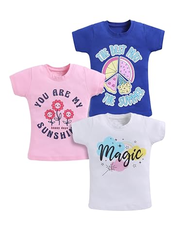 Image of Amazon Brand - Jam & Honey Girls Cotton Graphic Printed Half Sleeves T-Shirt | Regular Fit | Soft & Breathable | Age 2-8 Years (Available in Pack of 5 & Pack of 3)