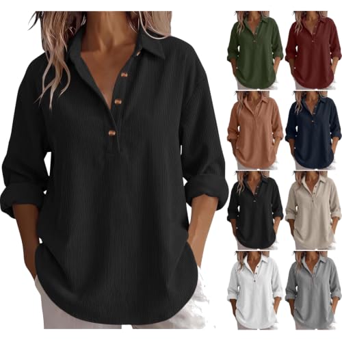 Corduroy Shirt Women Comfy Half Button Long Sleeve Henley Neck Tunic Tops | Black Womens Corduroy Shirt Cotton Fall Knited Flannel Henley Neck Ribbed Loose Fit Tunic Tops Casual Workout Shirts - image 1