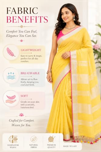 Image of HAIDER ALI AND SONS Grey Cotton Linen Saree for Women | Soft Linen Slub Blend Saree with Running Blouse Piece | Lightweight Handloom Style Saree | Office, Casual, Party & Festival Wear 