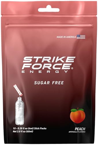 Image of Strike Force Beverage Peach Energy Drink Mix, Liquid Flavor Packs, Sugar-Free, Calorie-Free, 10 Count, with Caffeine, Taurine, B Vitamins