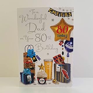 Jonny Javelin Wonderful Dad 80th Age 80 Birthday Card - Balloons Presents Beer Cupcake