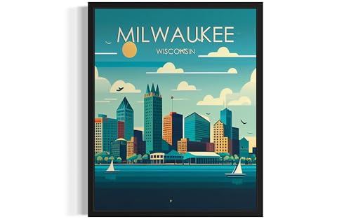 Milwaukee Poster Art Print, Retro City Mountain and Lake Landscape Artwork, Wall Art Vintage Decor Picture For Bedroom Office Home Decor 64 (Milwaukee, 10"L x 8"W, Unframed)
